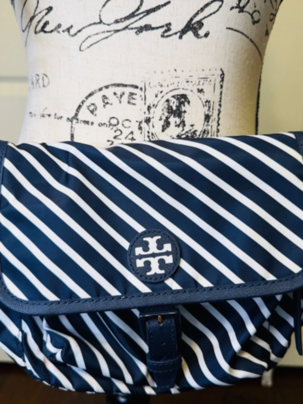 Tory Burch Navy and White Striped Crossbody Bag